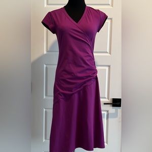 Athleta Faux Wrap V Neck Ruched Cap Sleeve Stretch Dress Purple Size Small